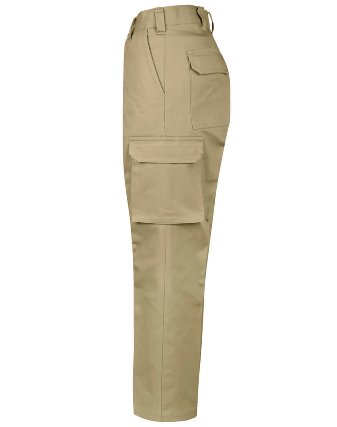 Khaki cargo pants featuring a drill pant pocket on the leg and a regular fit, with a small logo visible.