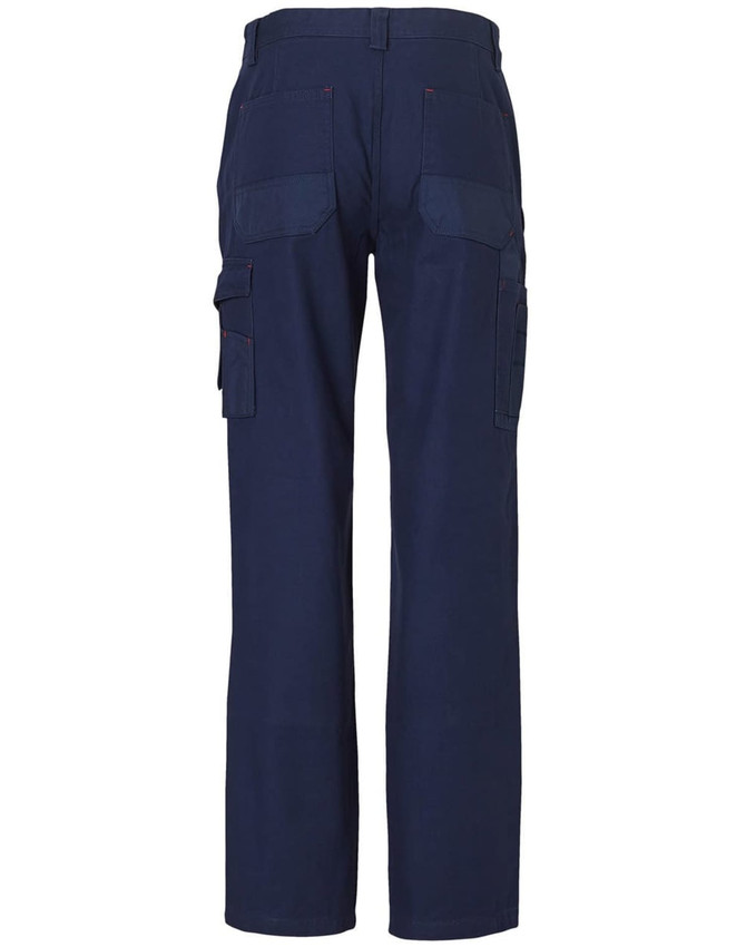 Ladies' work pants in navy blue, featuring multiple pockets and a straight leg design. Includes a logo on the waistband.