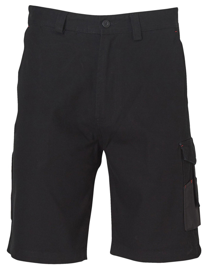Black heavy-duty work shorts featuring cargo pockets and a classic fit, with a button fastening and no visible branding.