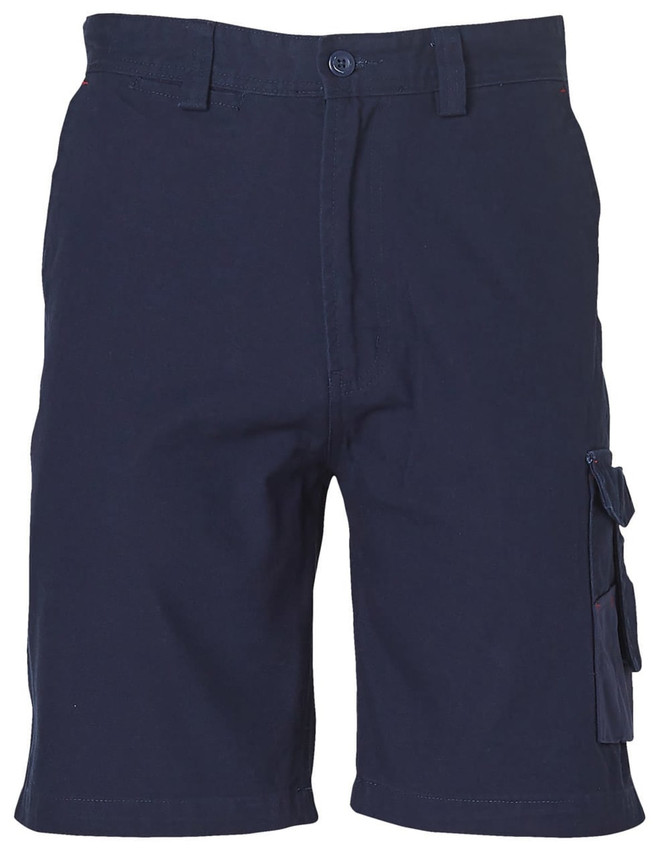 A pair of navy blue cargo shorts featuring side pockets and a button closure, with a logo on the waistband.