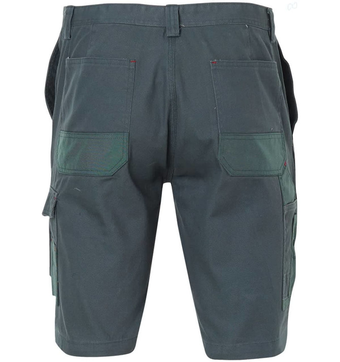 A pair of green cargo shorts with multiple pockets and a waistband, featuring a logo.