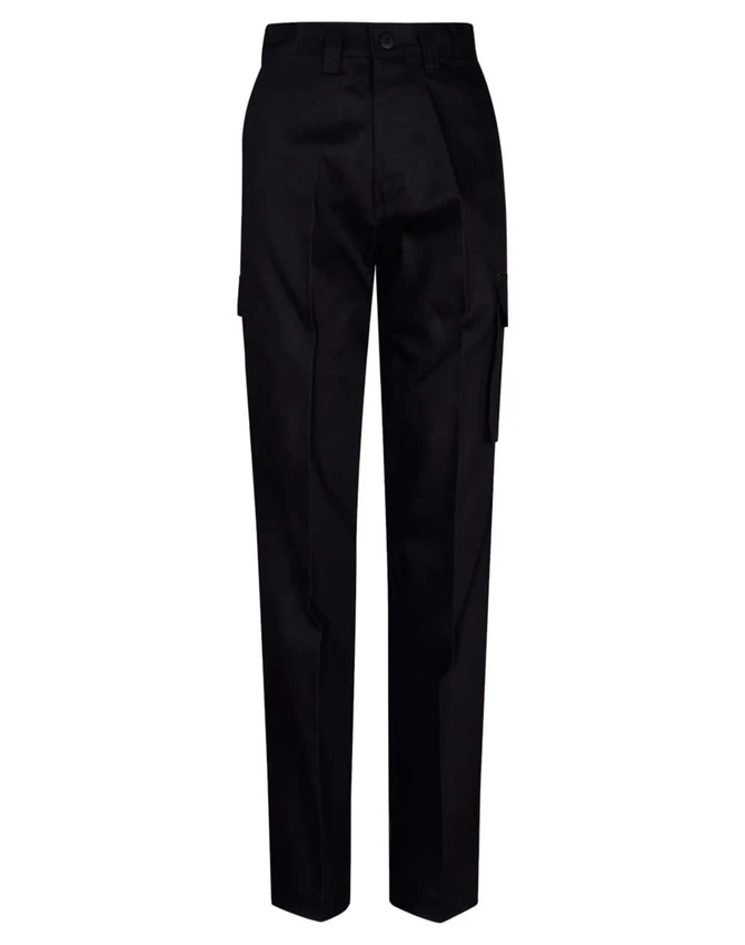 Black long-fit work pants featuring a drill pant pocket on the leg and a side cargo pocket.