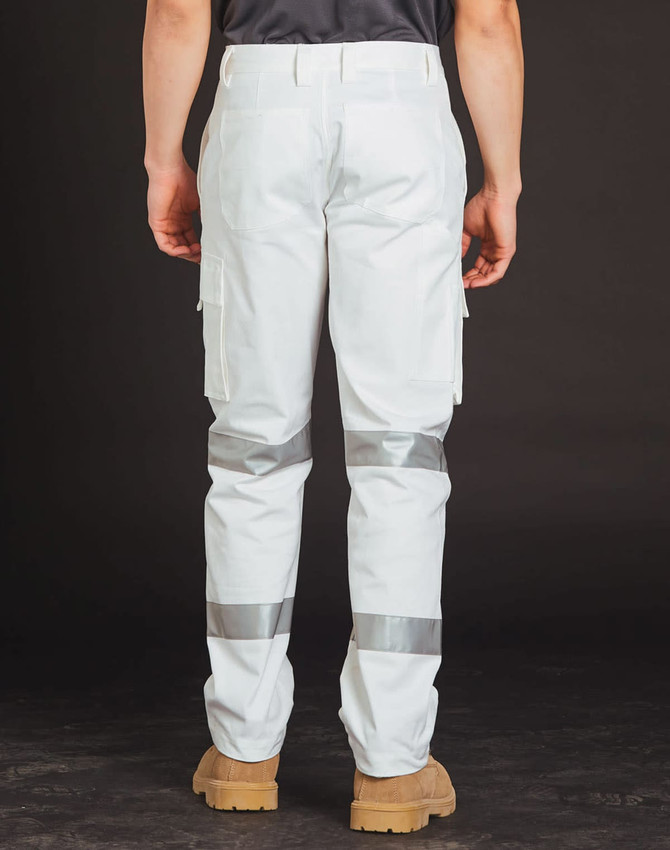 White work pants featuring reflective strips, cargo pockets, and a logo on the back. Designed for night safety.