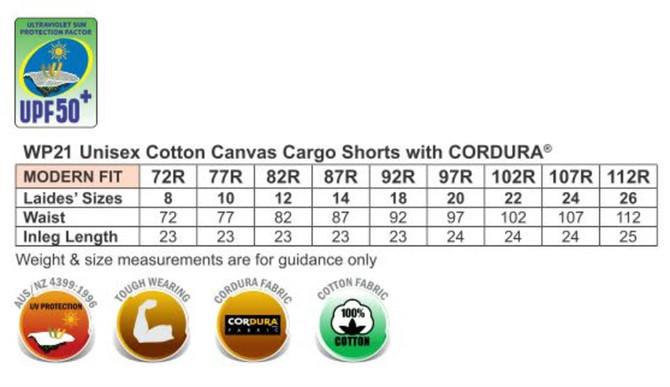 Unisex cotton canvas cargo shorts in various sizes, featuring a logo and offering UV protection.