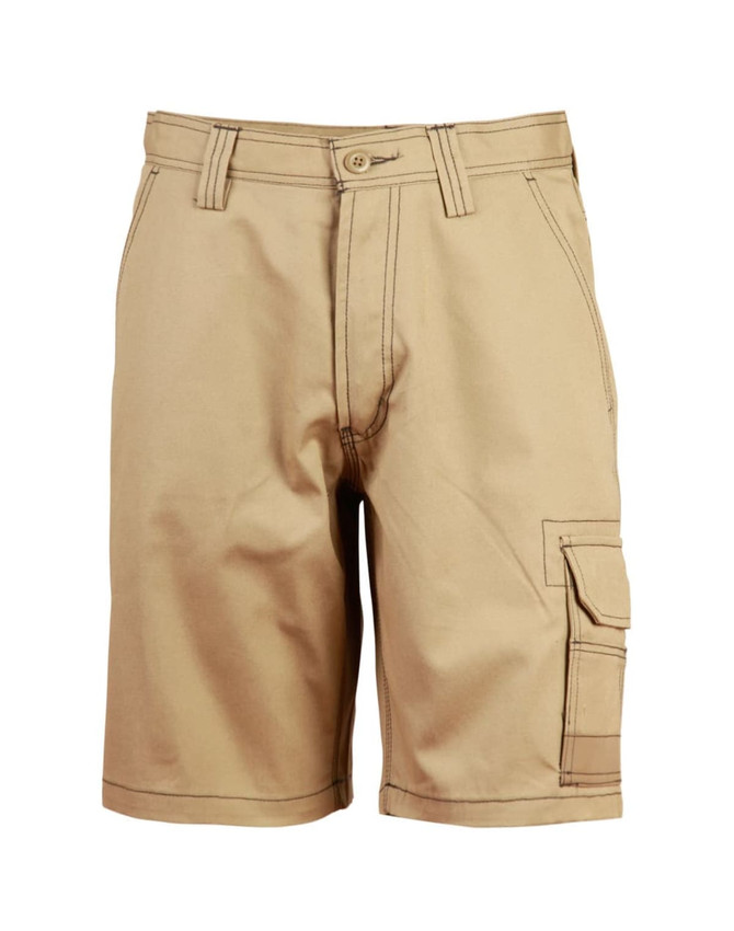 Light weight semi-fitted cargo shorts in a tan colour, featuring multiple pockets and a branded logo.