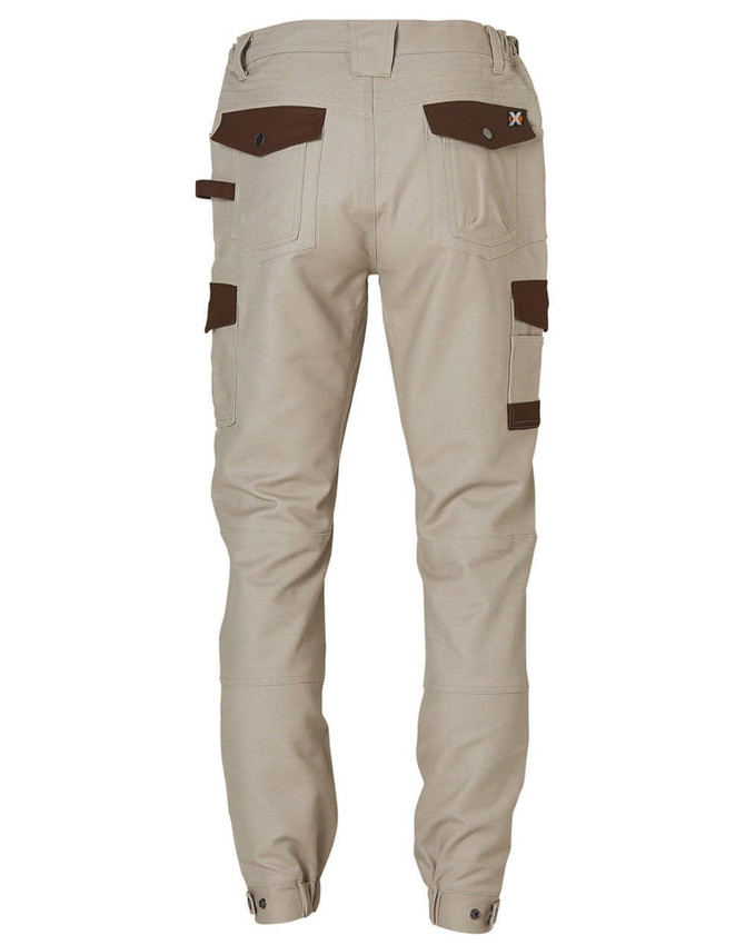 Beige workwear pants featuring brown accents and multiple pockets, with a logo on the back.