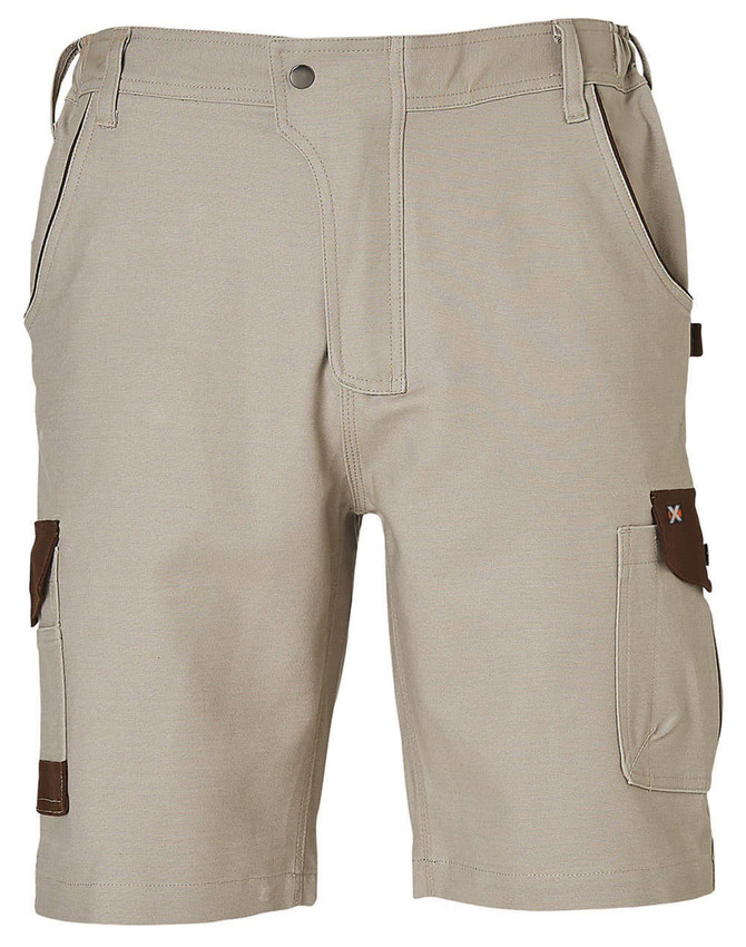 A pair of light beige work shorts featuring multiple pockets and contrasting brown accents, with a brand logo.