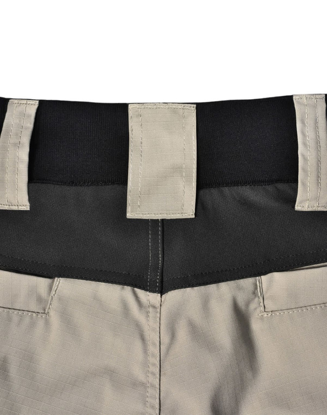 Rip-stop poly/cotton stretch work shorts in a light beige colour, featuring a black waistband and two back pockets.