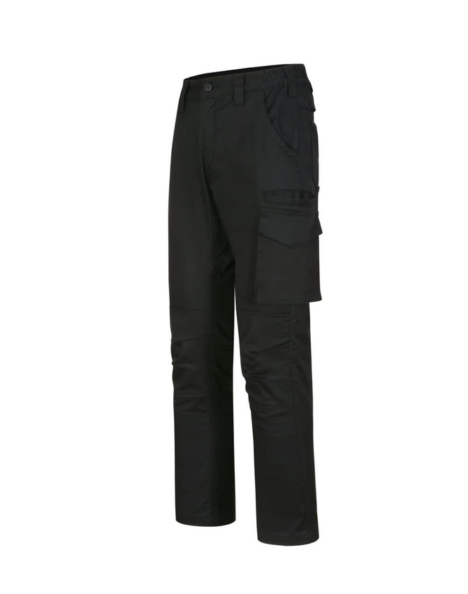 Unisex black cotton stretch ripstop work pants with multiple pockets and a tailored fit. Features branding on the garment.