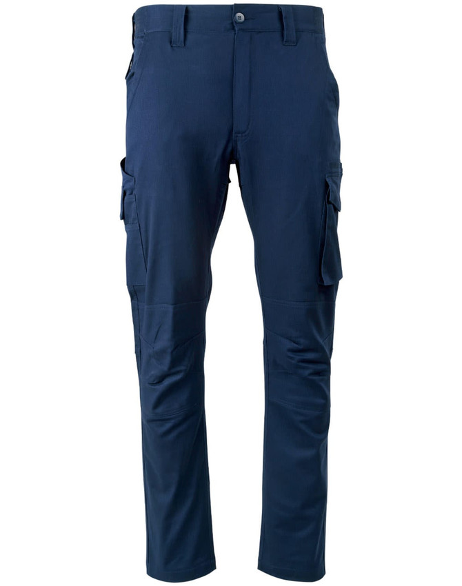 Unisex cotton stretch ripstop work pants in navy blue with side pockets and a fitted design. Features a logo.