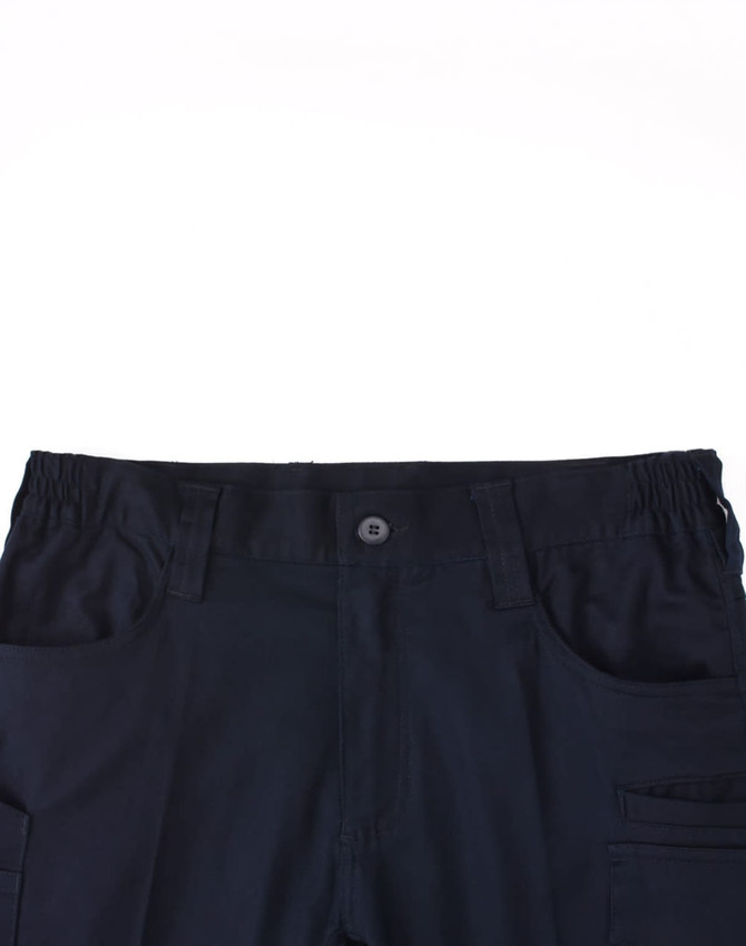 A pair of navy blue unisex cotton stretch ripstop work shorts featuring an elastic waistband and multiple pockets.