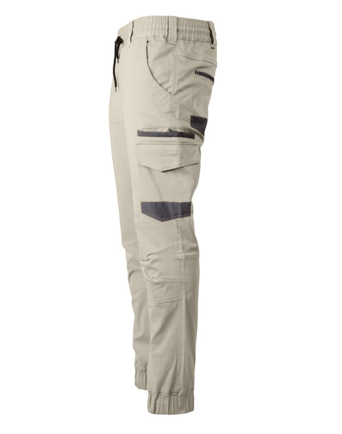 Unisex cotton stretch drill cuffed work pants in beige with contrasting grey accents and pockets.