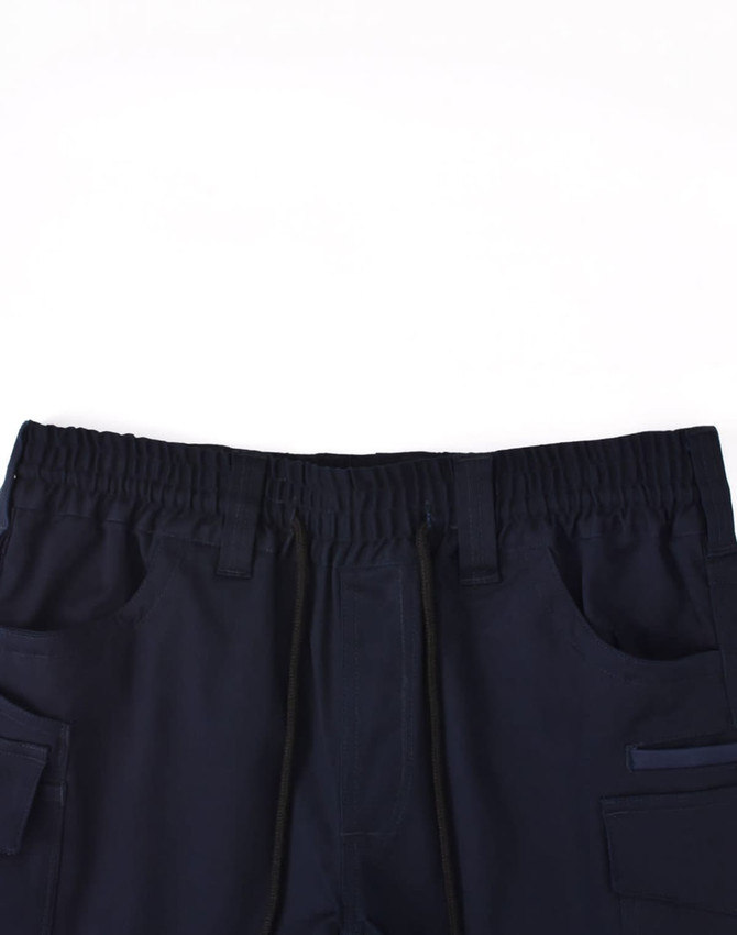 Navy unisex cotton stretch drill work shorts with an elastic waistband and multiple pockets. Features a logo.
