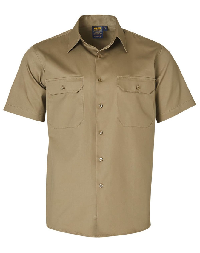 A short-sleeved khaki work shirt featuring two chest pockets and a logo.