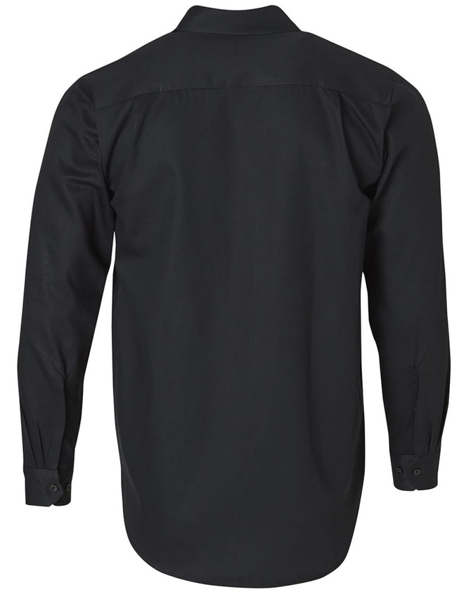 A black cotton drill work shirt featuring long sleeves and a collar, with a logo on the back.