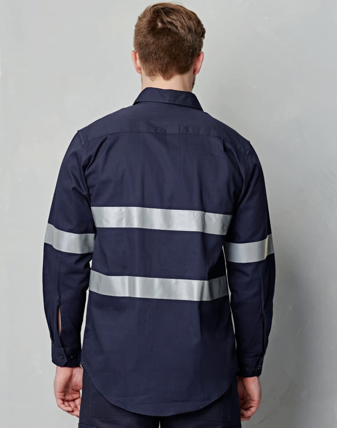 A navy blue long-sleeve work shirt featuring silver 3M reflective tapes on the back, with a logo present.