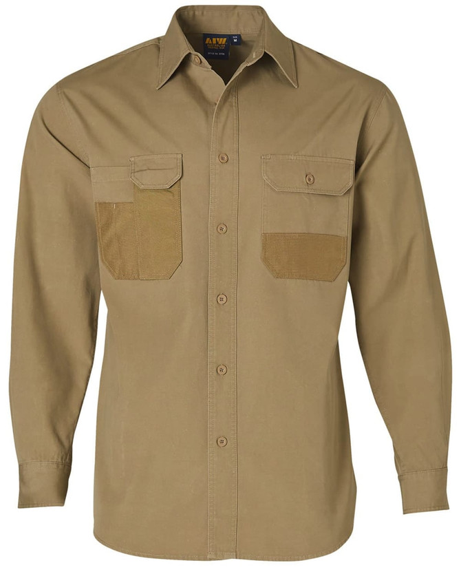 A long sleeve work shirt in khaki with dual chest pockets and a logo. Suitable for workwear.