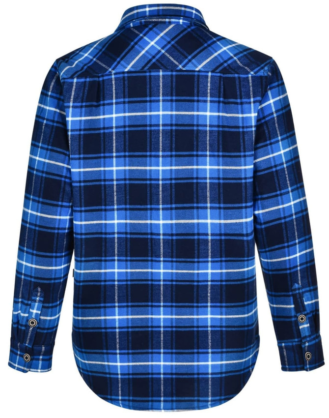 A blue and navy checked quilted flannel shirt with long sleeves and a button-down collar, featuring a logo.