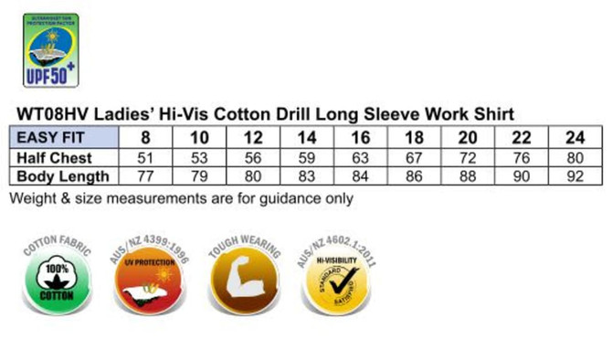 A size chart for a ladies Hi-Vis cotton drill long sleeve work shirt featuring various measurements and a logo.