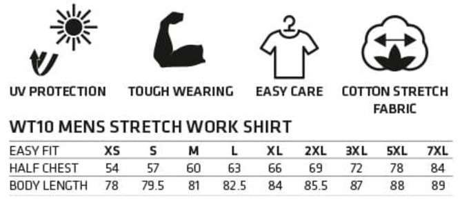 A black long-sleeve work shirt made from cotton stretch fabric, featuring a logo and sizing information.
