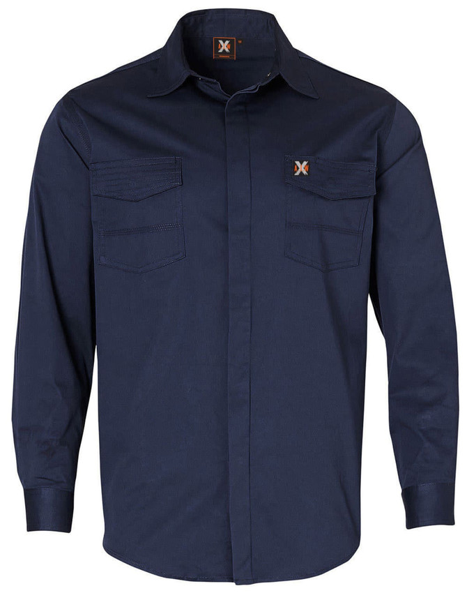 A navy long-sleeved work shirt featuring two front pockets and a small logo.