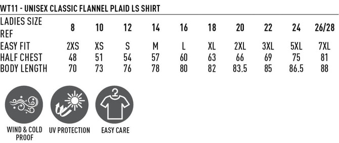A unisex flannel plaid shirt in various sizes, featuring measurements for half chest and body length. 