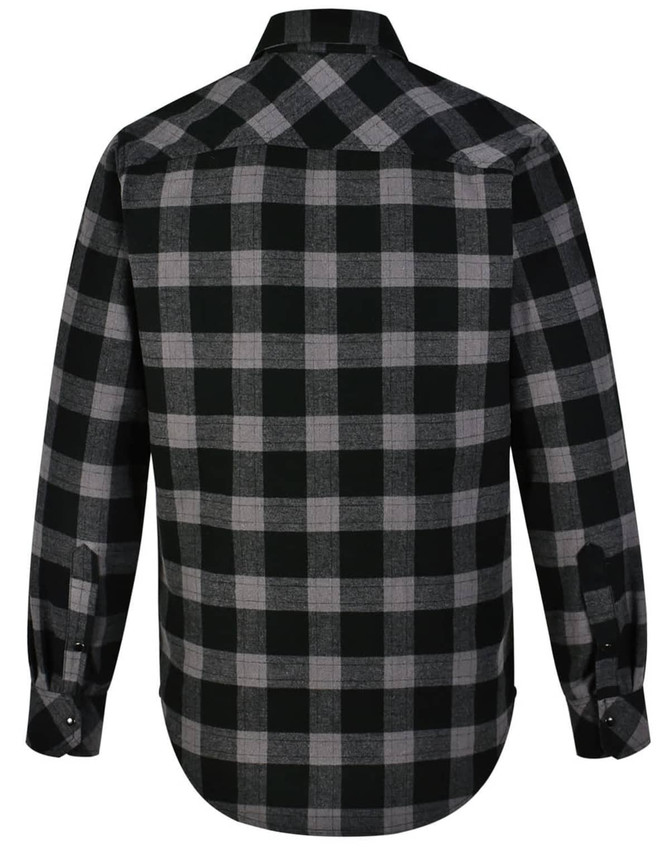 A back view of a unisex flannel plaid shirt in black and grey, featuring a checkered pattern and buttoned cuffs.
