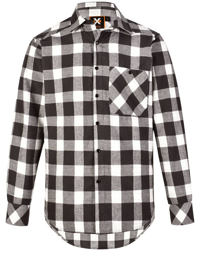 A black and white plaid unisex flannel button-up shirt with a chest pocket and a logo on the collar.