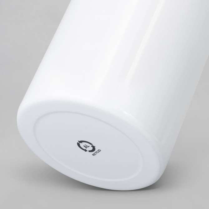 A drink bottle featuring a sleek, glossy white finish and a branded base.