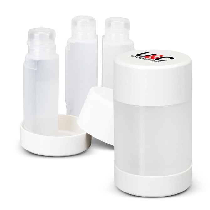 A travel bottle set featuring two transparent bottles and a container, all with white caps. Includes a branding logo.
