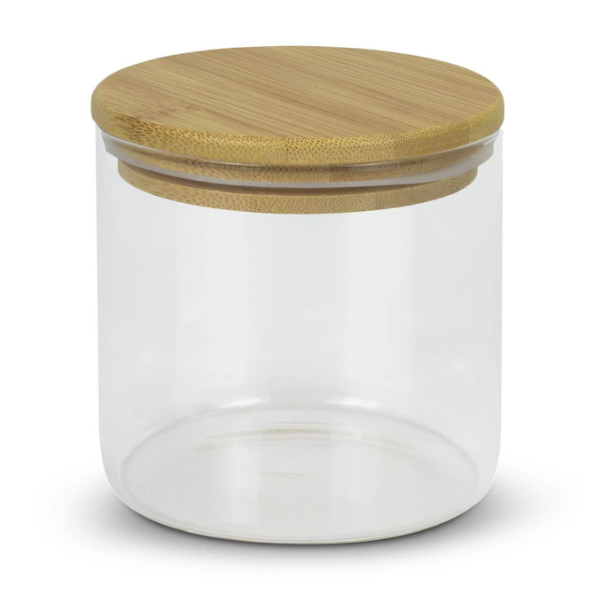 A large round storage canister made of clear glass with a bamboo lid.