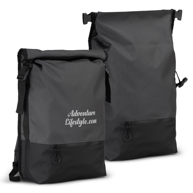 Two grey Fjord Backpacks with a roll-top design and a black base, featuring a logo on the front.