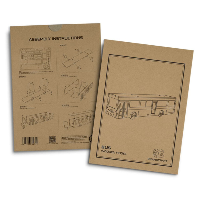 A cardboard packaging featuring assembly instructions for a wooden bus model. The design is in black on a brown background.