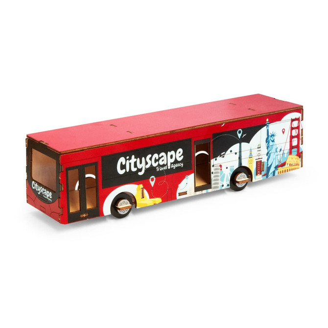 A vibrant red wooden bus model featuring cityscape graphics, showcasing landmarks and a decorative design.