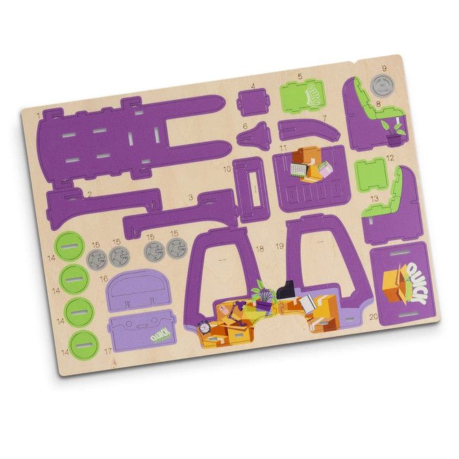 A wooden model puzzle featuring purple and natural wood pieces, including a forklift and various accessories.