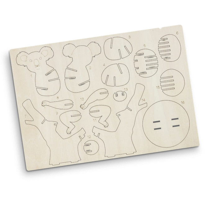 A wooden puzzle featuring koala shapes and tree branches, crafted from light-coloured wood, with a logo present.