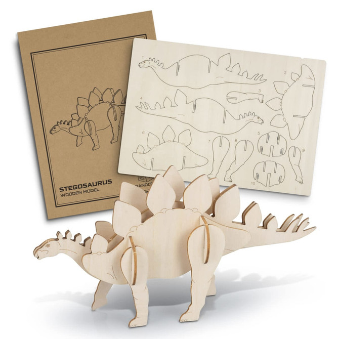 A wooden Stegosaurus model in natural wood colour with assembly parts and instructions.