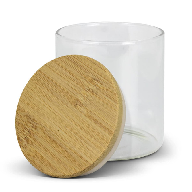 A round glass storage canister with a natural bamboo lid, featuring a clear body for visibility.