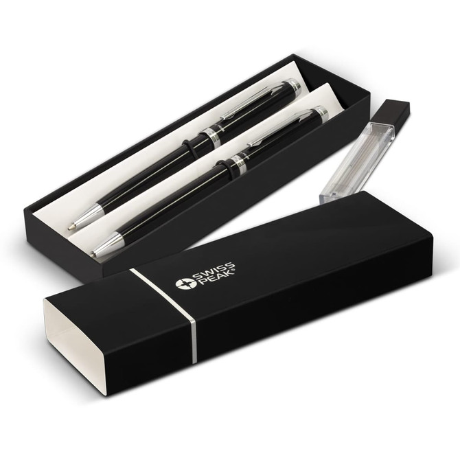 A black pen and pencil set in an elegant box, featuring a logo and silver accents.
