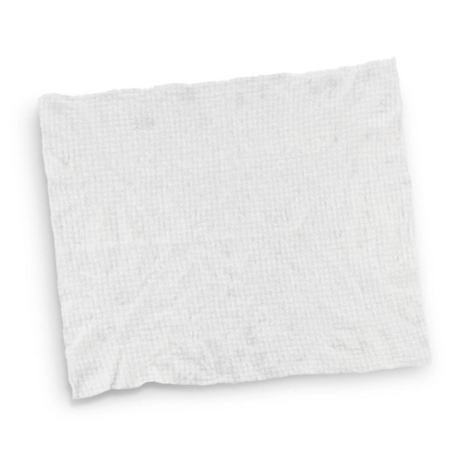 A small, compressed white towel with a textured surface, featuring a logo.