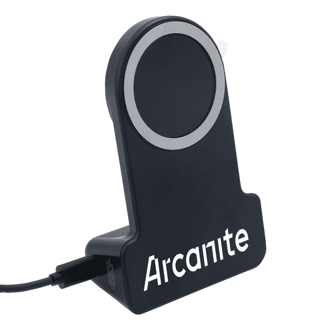 A black wireless charger with a circular charging pad and a branded base.