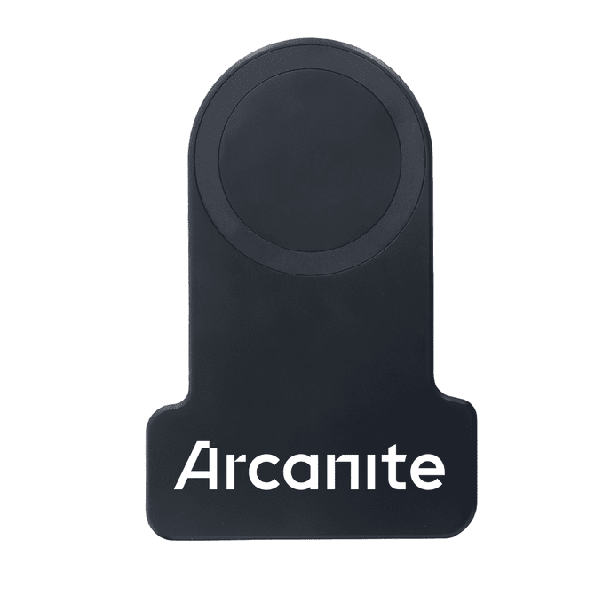 A black wireless charger with a circular charging pad and a branding logo on the base.