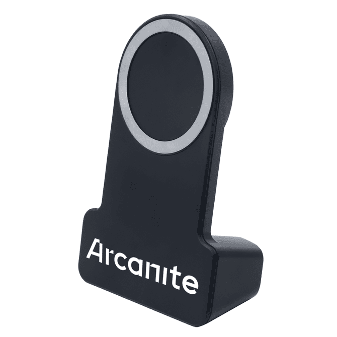 A wireless charger in black with a circular charging pad and a logo on the base.