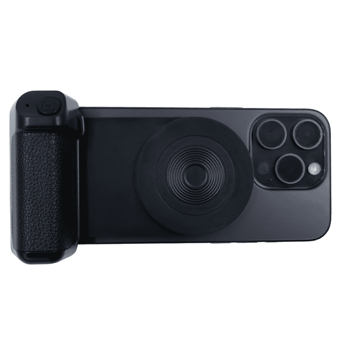 A wireless phone charger in black, featuring a textured grip and circular charging pad. Includes a branding logo.