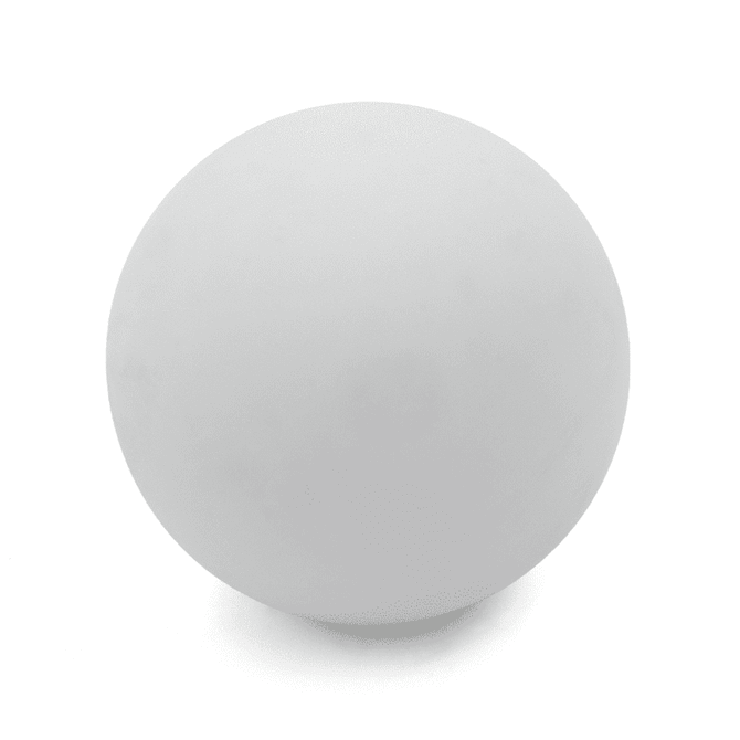 A white high bounce ball with a smooth surface, featuring a logo on it.