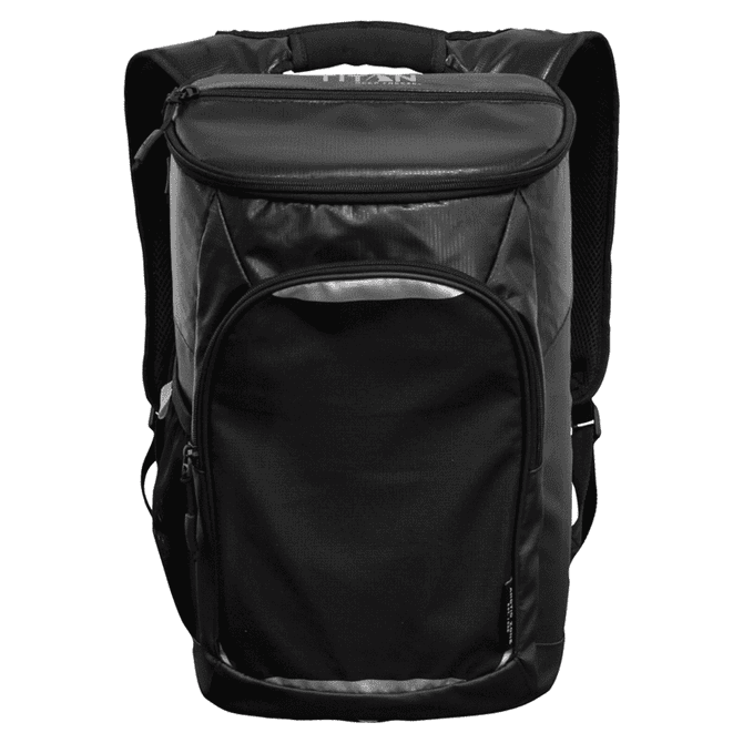 A black cooler backpack with a spacious main compartment, front pocket, and padded shoulder straps.
