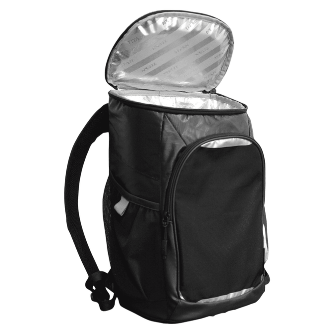 A black cooler backpack with a silver insulated interior and zippered compartments. It features a logo on the front.