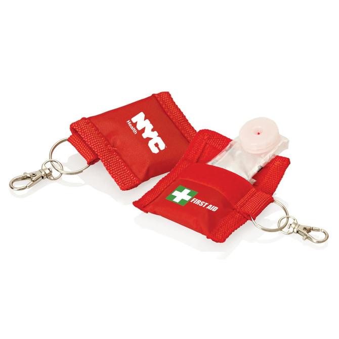 A red keyring featuring a small pouch containing a CPR mask, with a logo on one side.