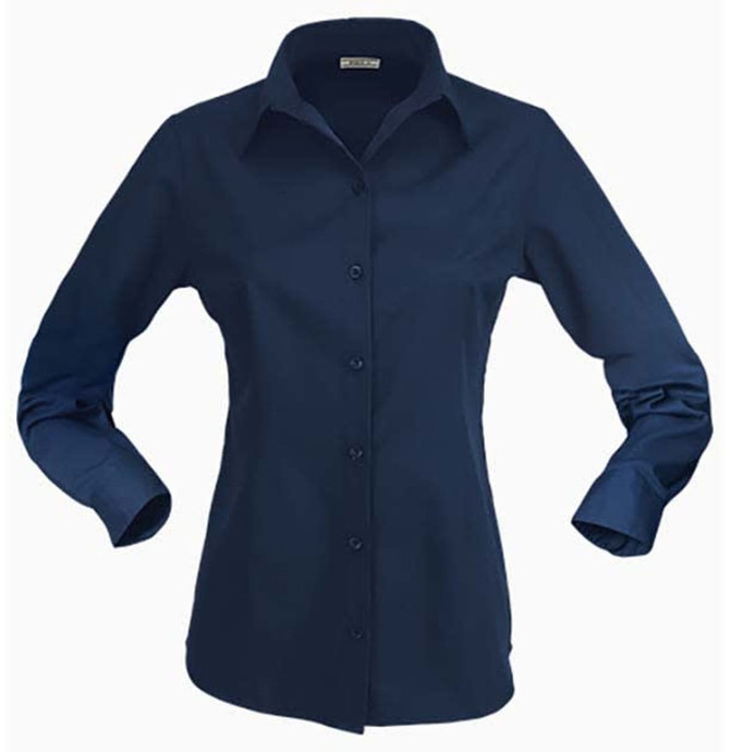 A navy blue long-sleeve button-up shirt for ladies, featuring a classic collar and buttons. It has a logo on the label.
