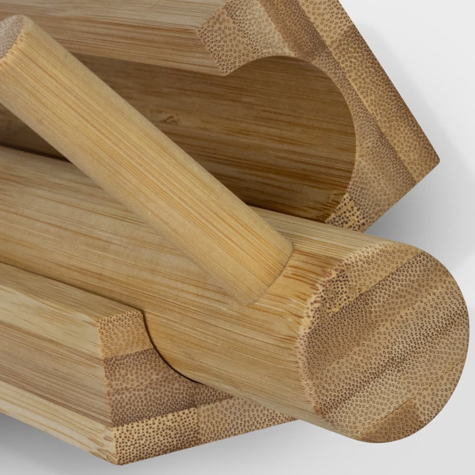 A bamboo sushi maker featuring natural wood tones and a smooth, cylindrical design. Includes a branding logo.